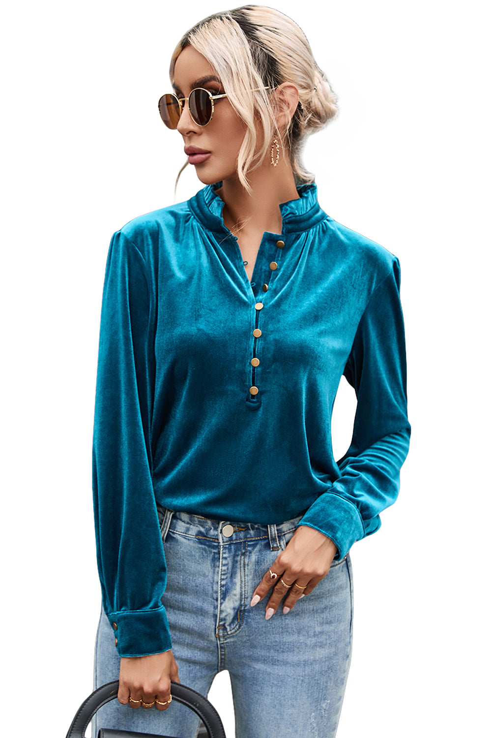 Green Frilled Neck Buttoned Front Velvet Top