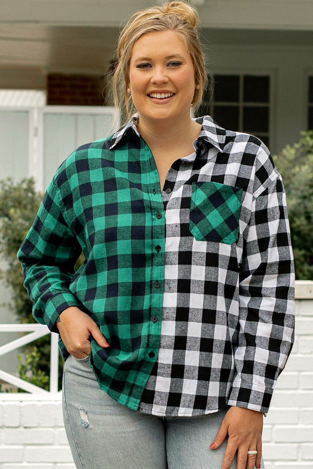 Sea Green Plaid Color Block Buttoned Plus Size Shacket