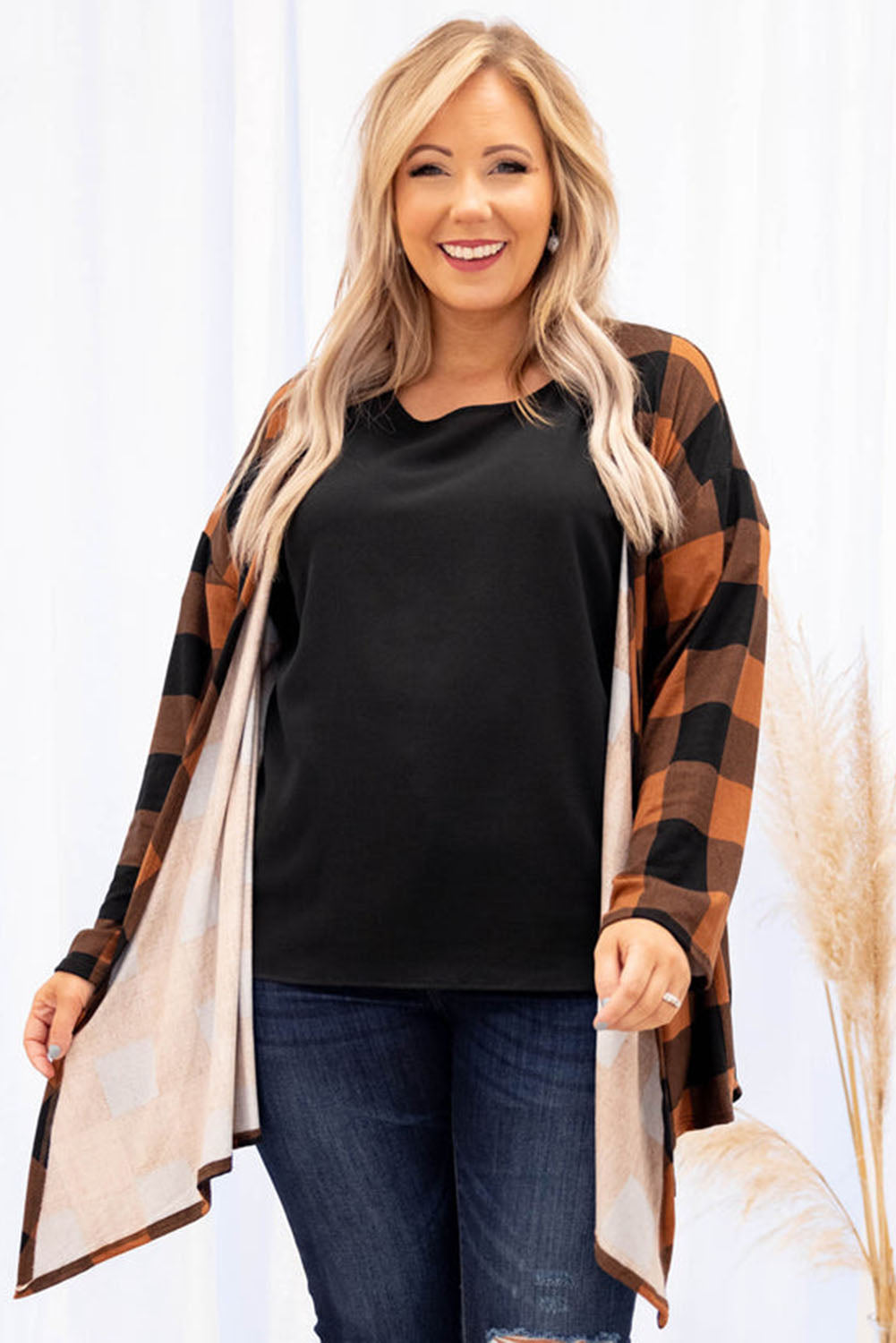 Brown Plus Size Plaid Pattern Open Front Cardigan