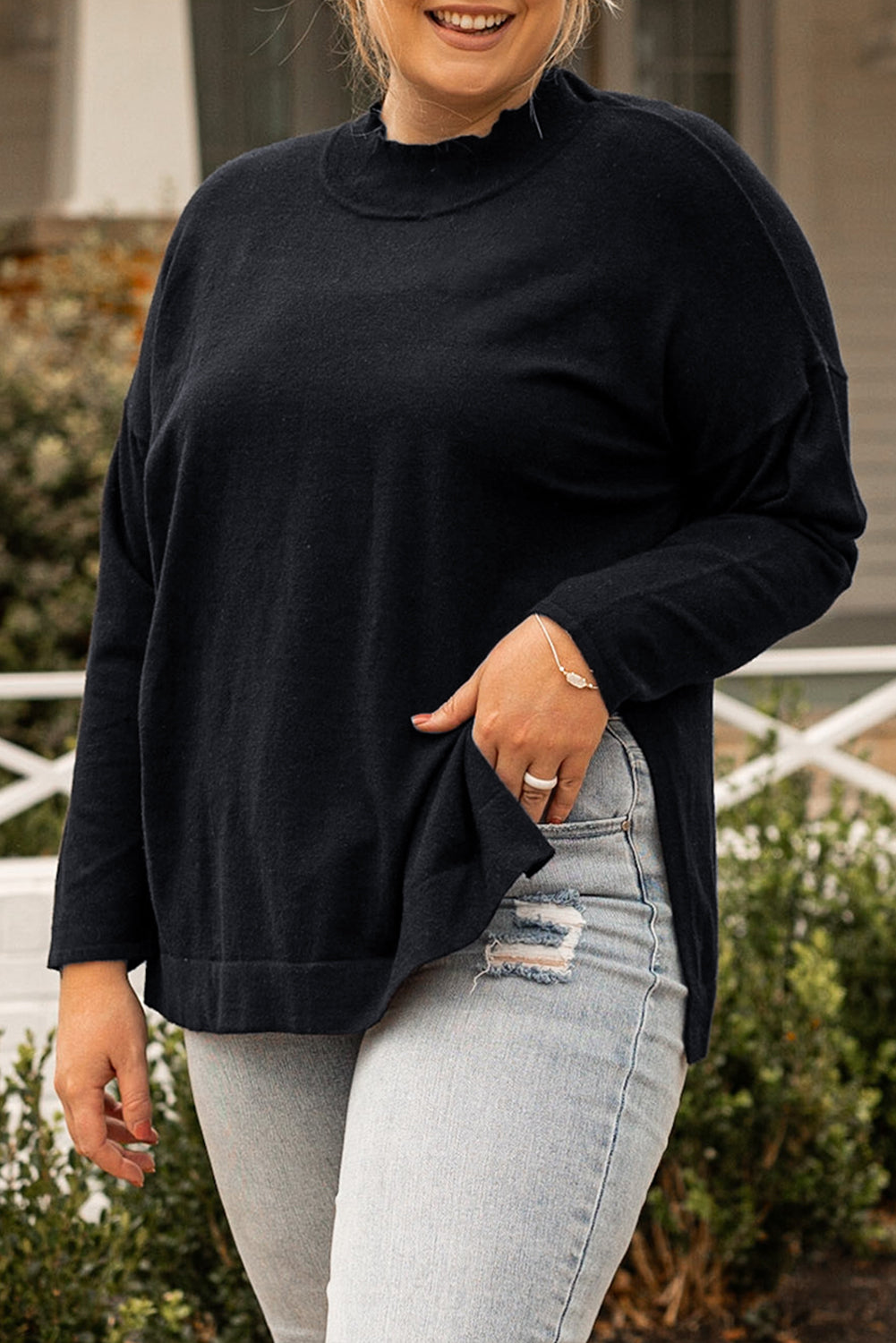 Black Plus Size Side Slits High Neck Loose Sweater