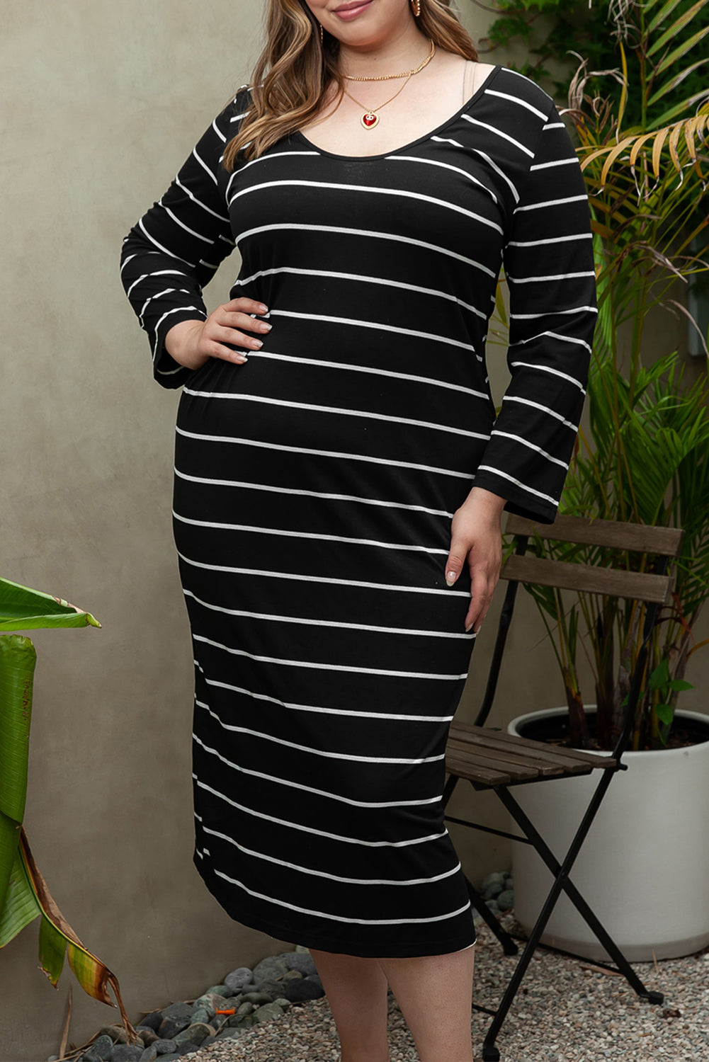 Black Plus Size Striped Loose Long Shift Dress