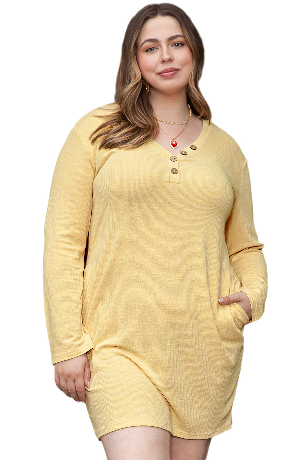 Yellow Plus Size Ribbed Long Sleeve Pocketed Henley Dress