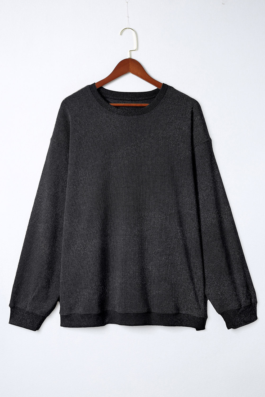 Black Plus Size Corded Round Neck Sweatshirt