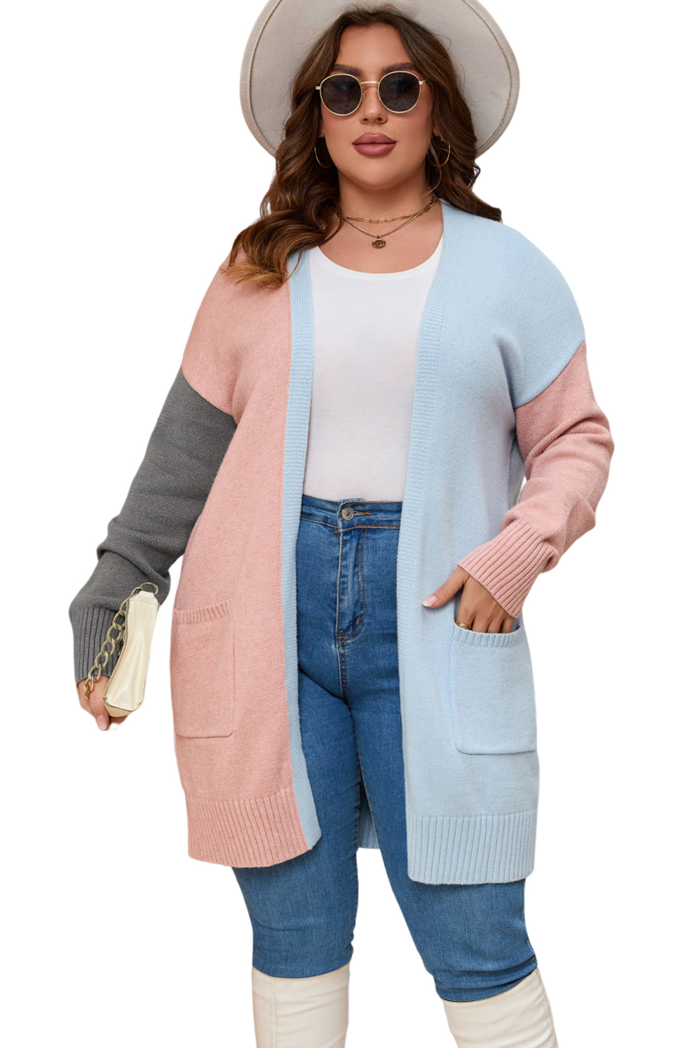 Multicolor Plus Size Colorblock Pocketed Open Front Cardigan