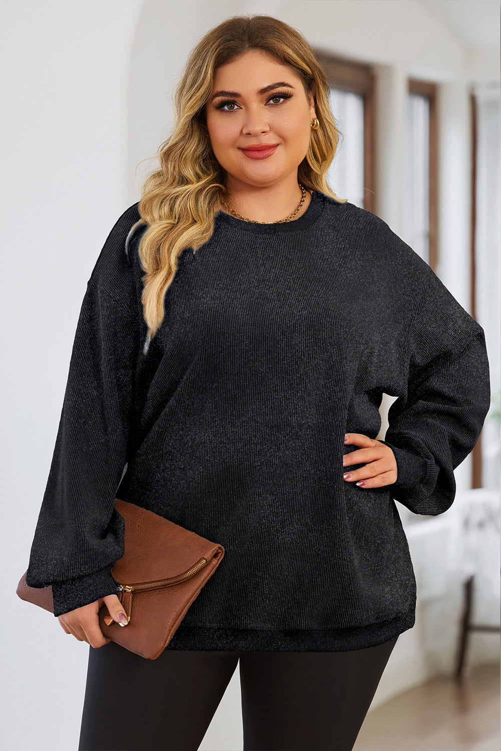 Black Plus Size Corded Round Neck Sweatshirt