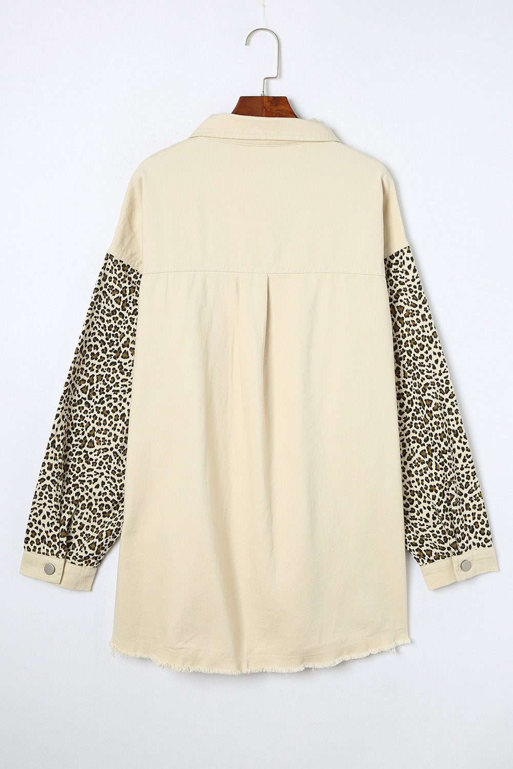 Apricot Plus Size Leopard Sleeve Raw Hem Denim Jacket