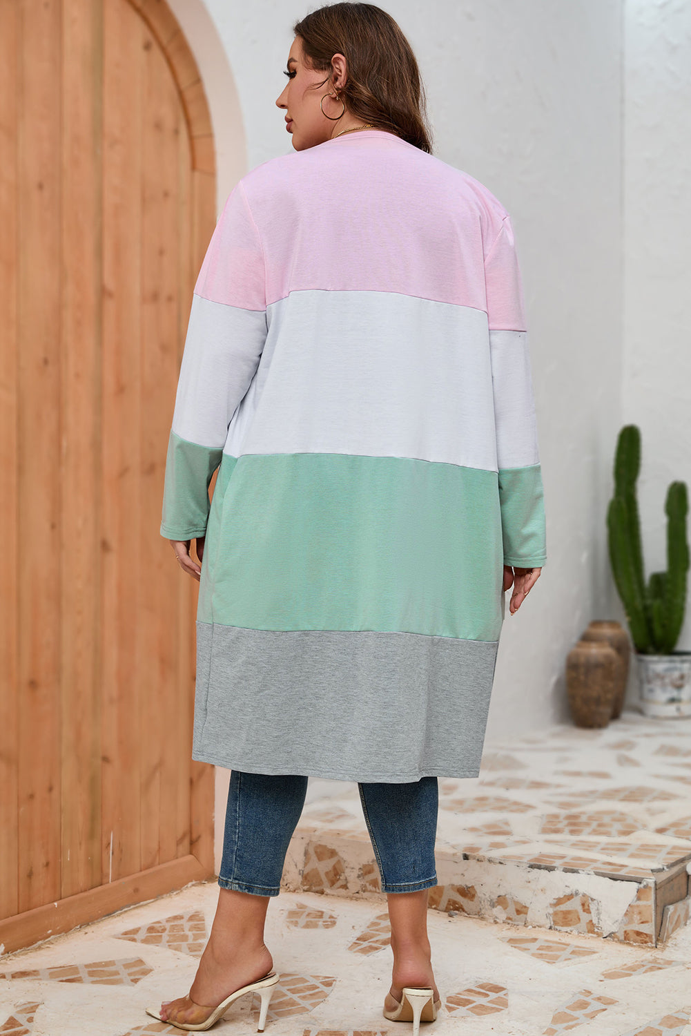 Pink Plus Size Colorblock Open Front Cardigan