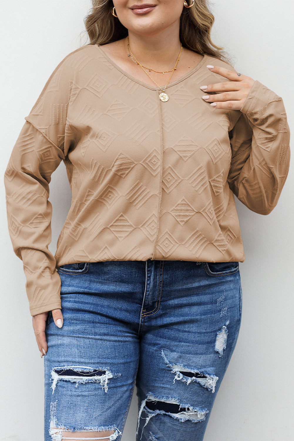 Khaki Plus Size Textured Drop Shoulder Exposed Seam Top