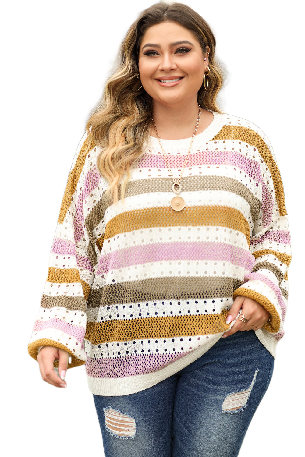 Multicolor Plus Size Striped Hollowed Knitted Loose Sweater