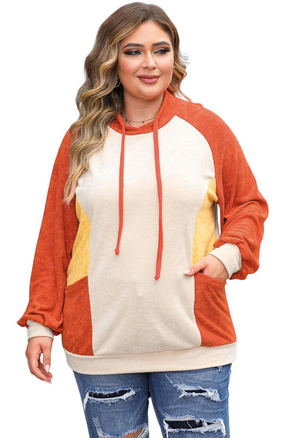 Orange Plus Size Colorblock Raglan Hoodie with Pockets