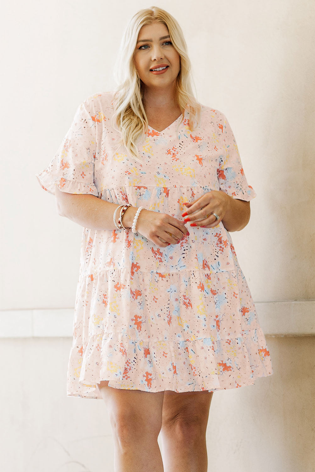 Pink Plus Size Floral Pattern Babydoll Swing Dress