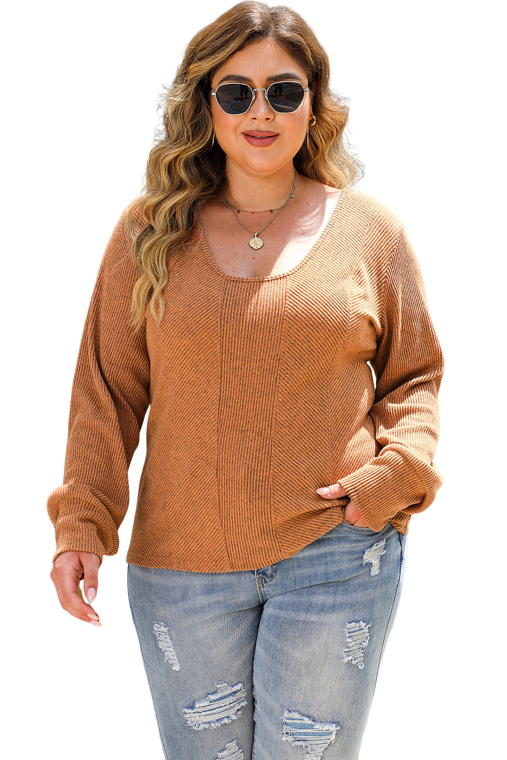 Brown Plus Size Ribbed Slim Fit Knit Top