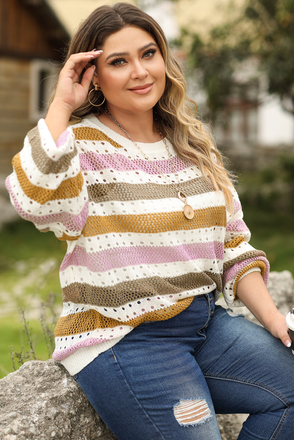 Multicolor Plus Size Striped Hollowed Knitted Loose Sweater