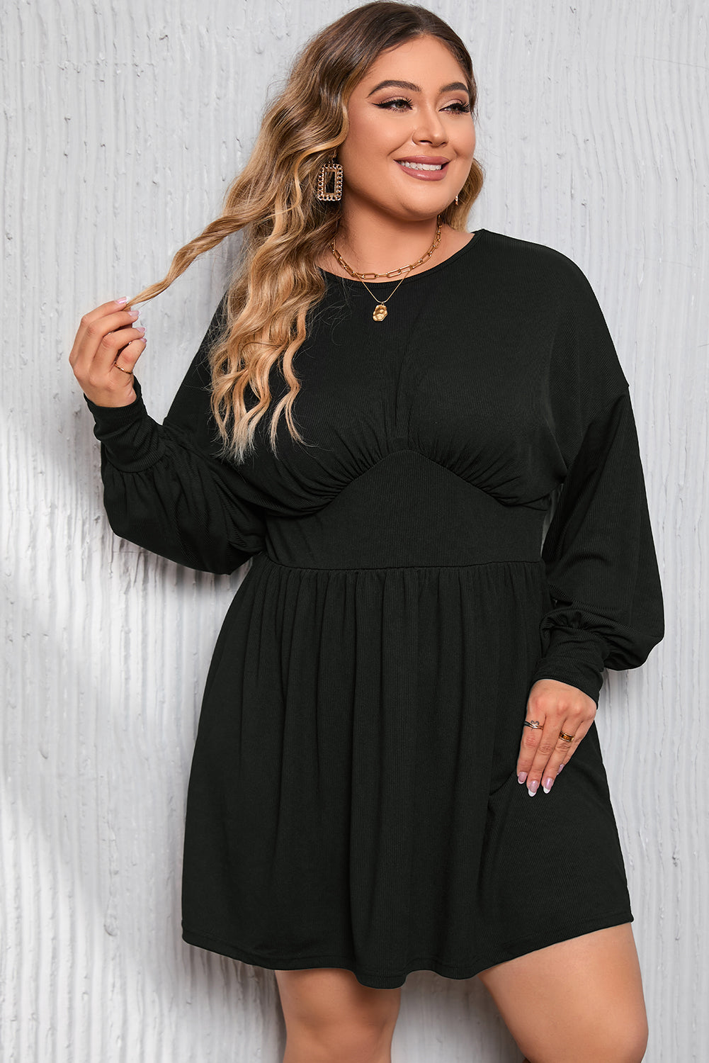 Black Plus Size Ribbed Knit Long Sleeve Tunic Babydoll Top