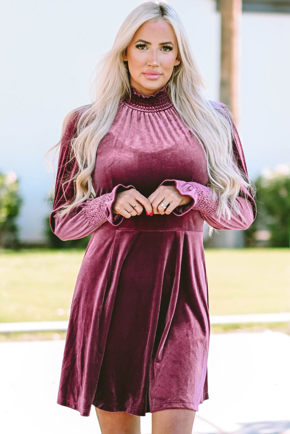 Burgundy Smocked High Neck Flounce Sleeve Velvet Dress