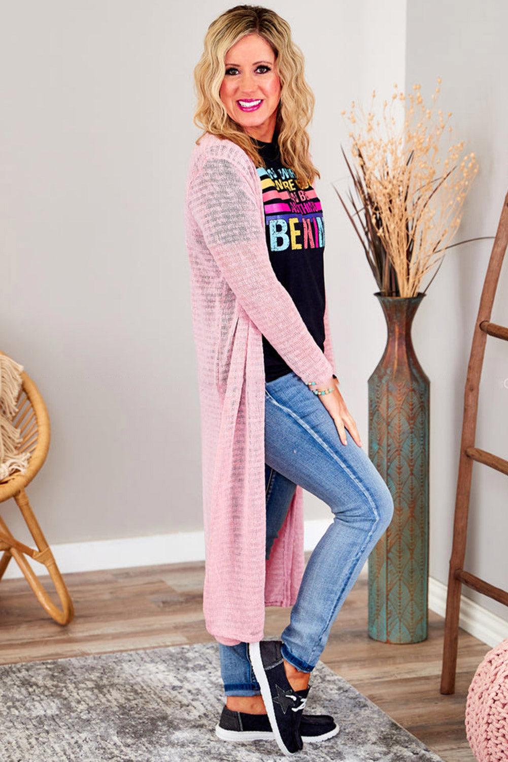 Pink Sheer Knitted Long Side Slit Plus Size Cardigan