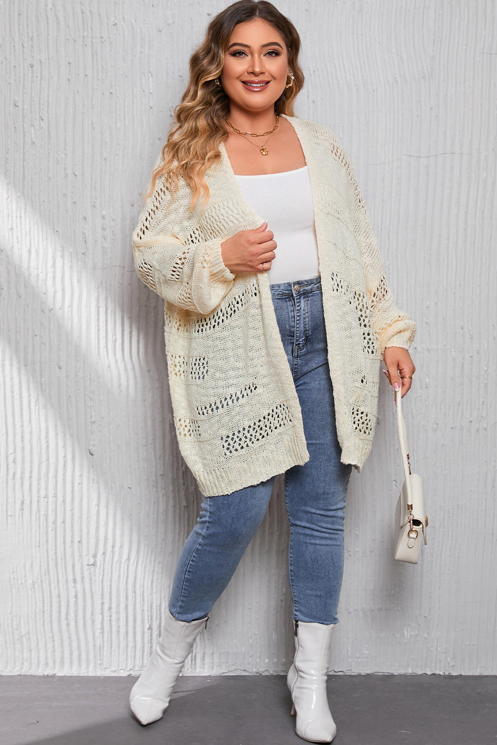 Apricot Plus Size Slouchy Hollowed Knit Open Front Cardigan