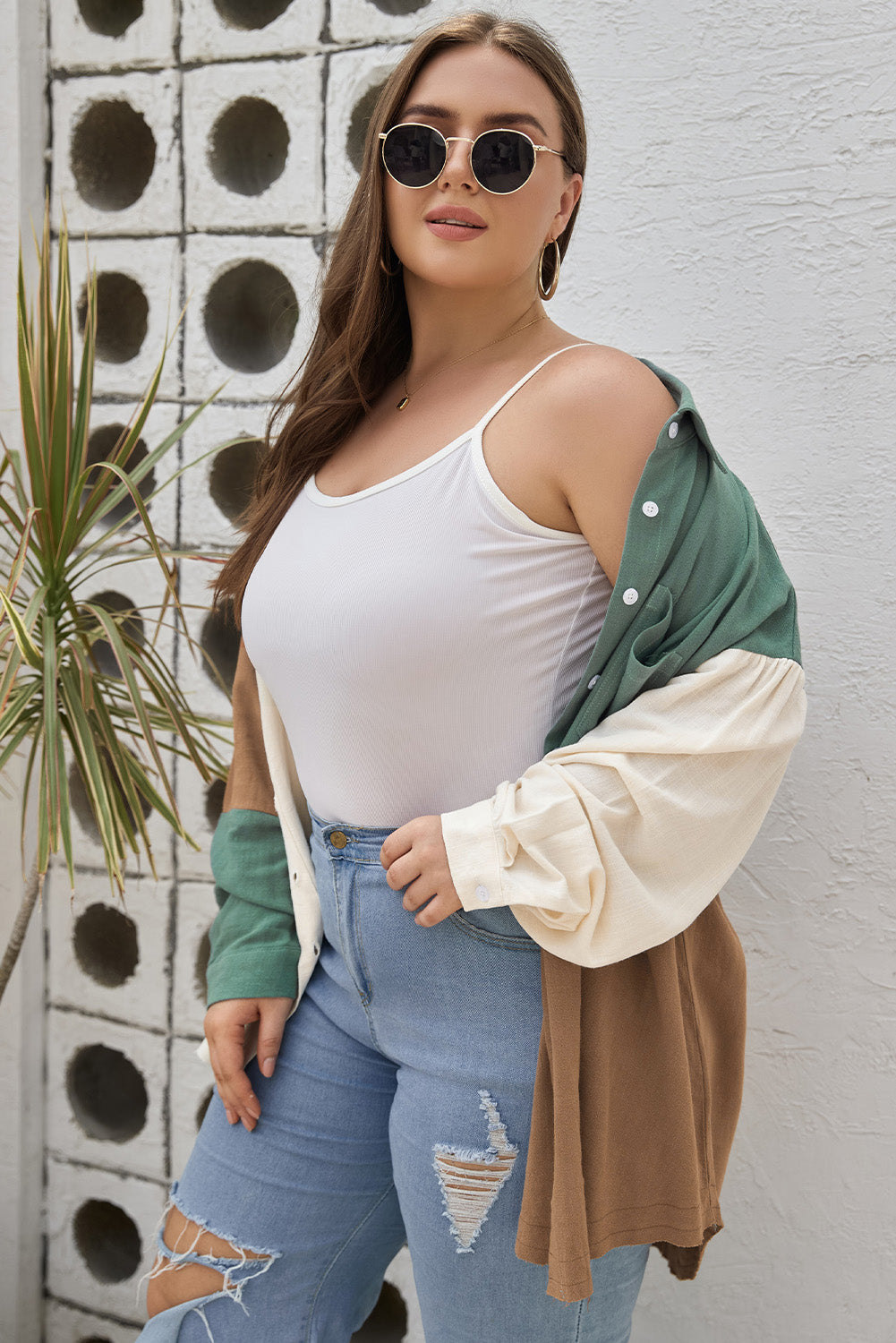 Green Colorblock Raw Edge Plus Size Shirt