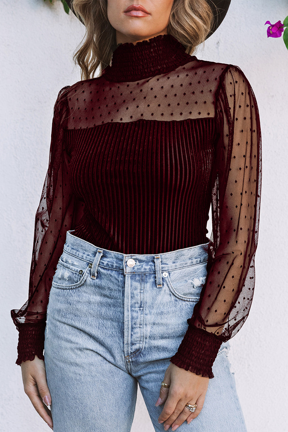 Red Sheer Dotty Long Sleeve Ribbed Velvet Bodysuit