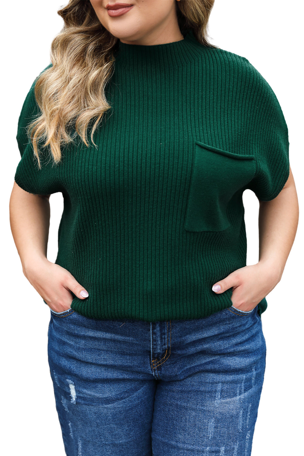 Jungle Green Plus Size Mock Neck Chest Pocket Short Sleeve Sweater