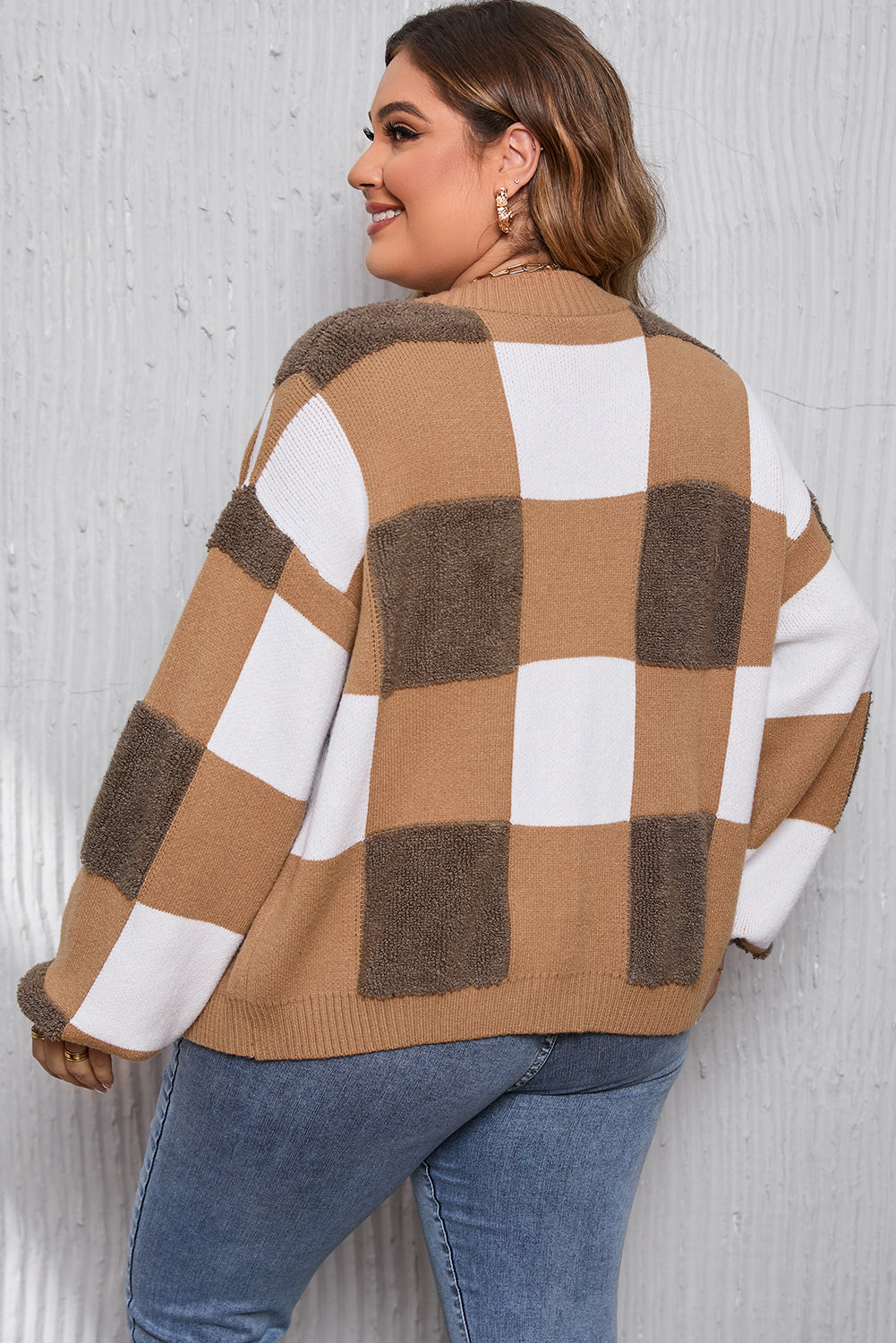 Brown Checkered Knit Ribbed Trim Buttoned Plus Cardigan