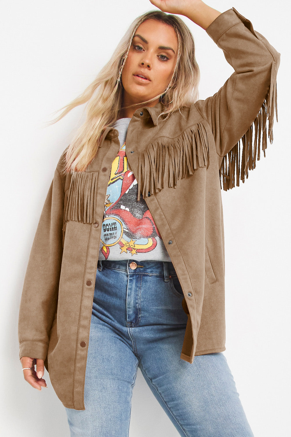 Khaki Fringe Trim Plus Size Suede Shacket