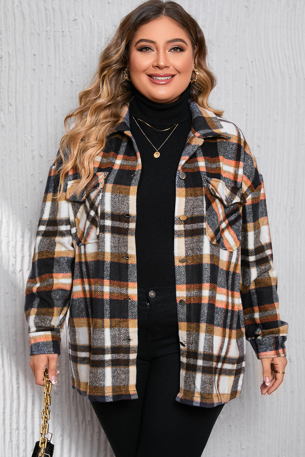 Navy Blue Plus Size Plaid Flap Pocket Shacket