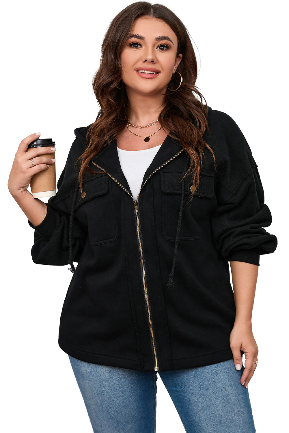 Black Plus Size Bishop Sleeve Zip Up Hooded Jacket