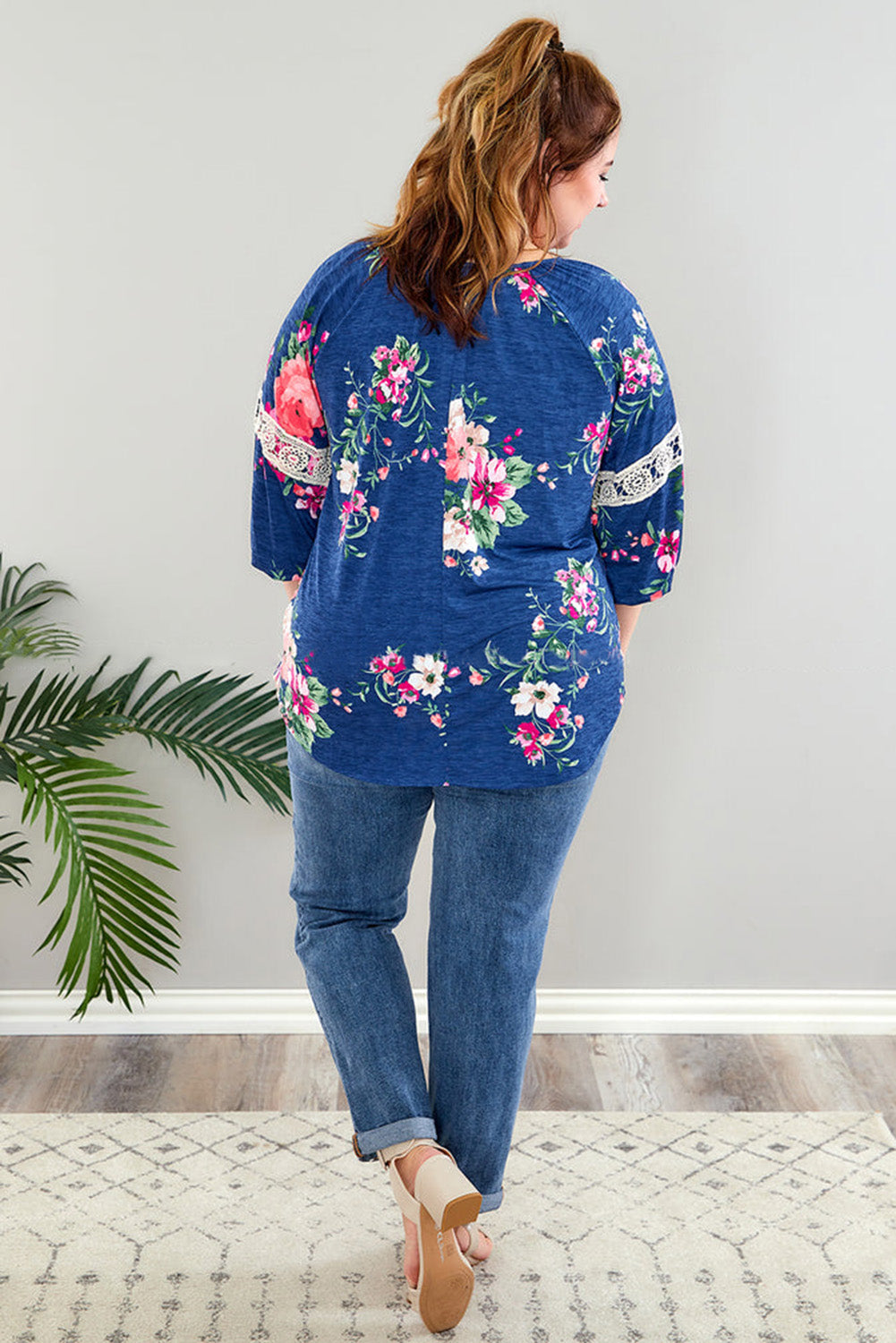 Dark Blue Plus Size Lace Patch 3/4 Sleeve Split Neck Floral Top