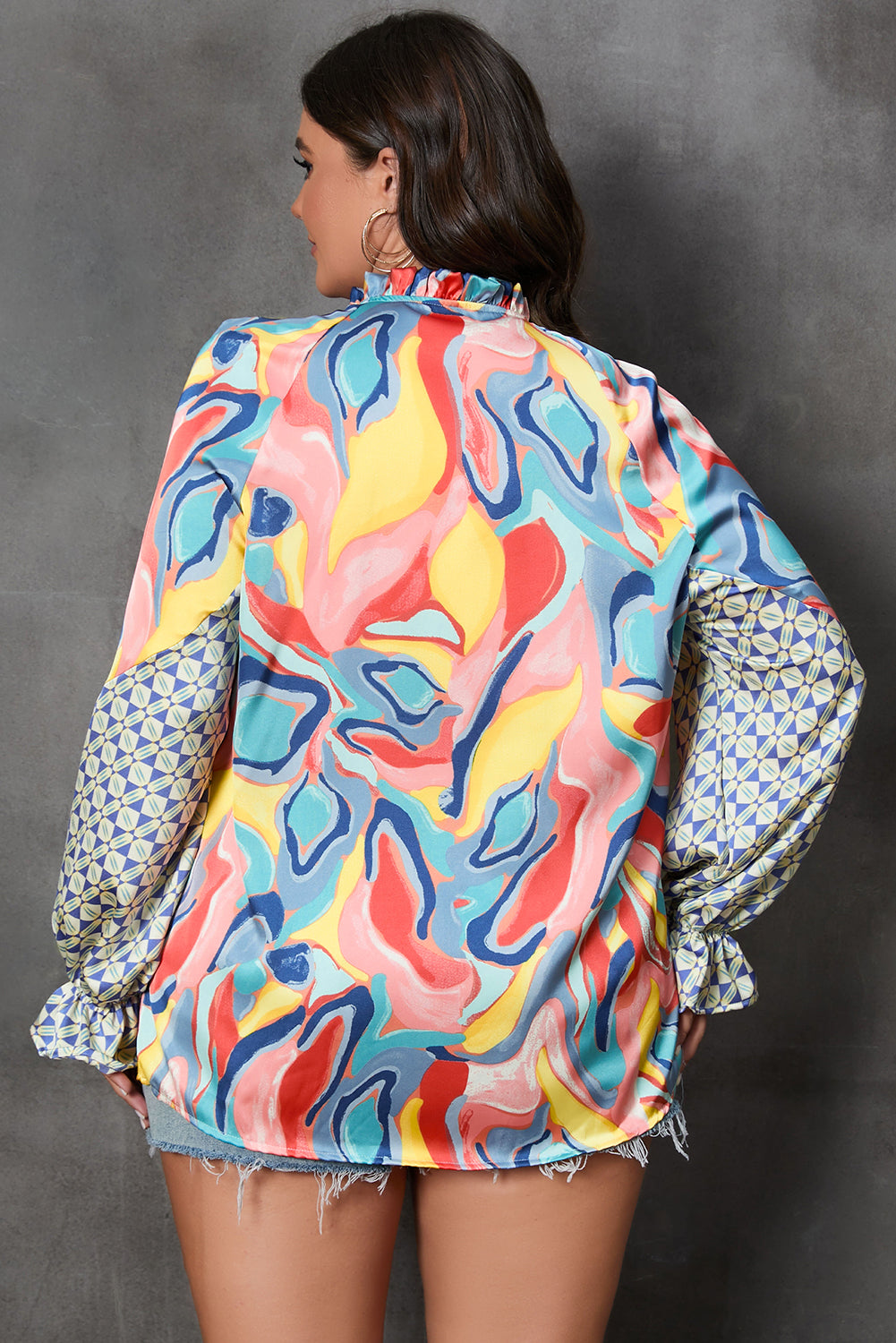 Multicolour Abstract Print Drawstring V Neck Plus Size Blouse