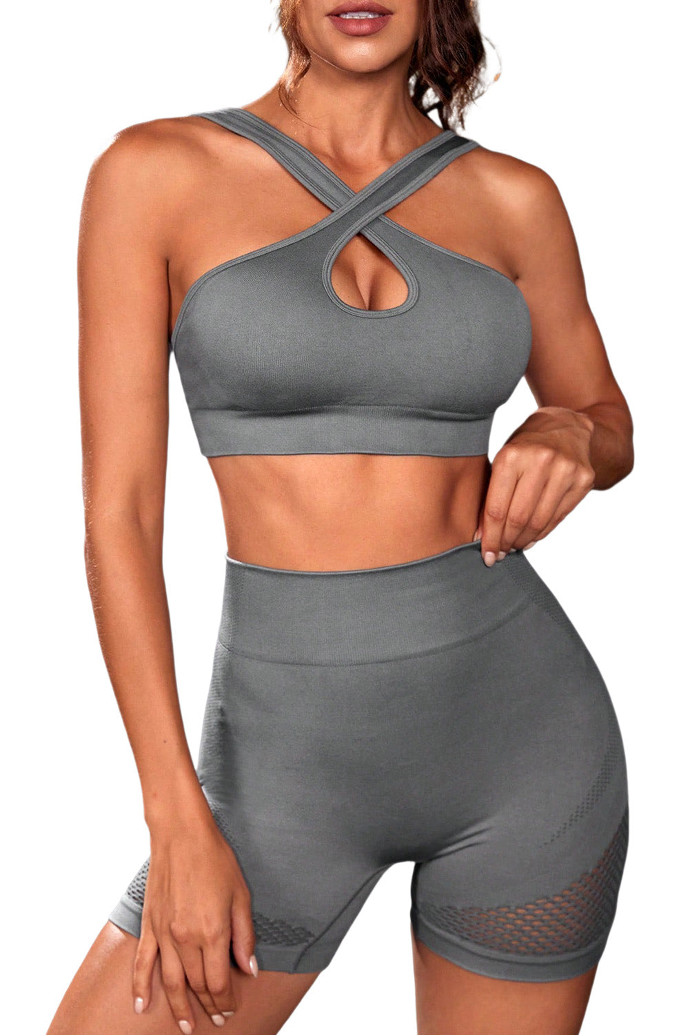 Gray Cross Straps Cutout Bra and High Waist Shorts Set