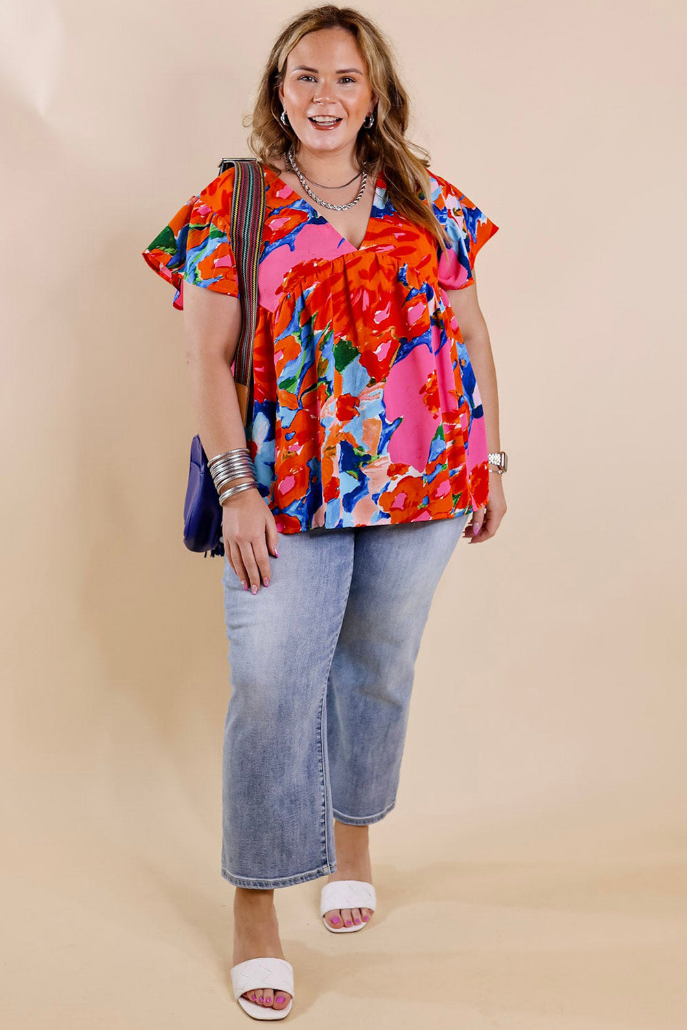 Fiery Red Abstract Floral Print V Neck Plus Blouse