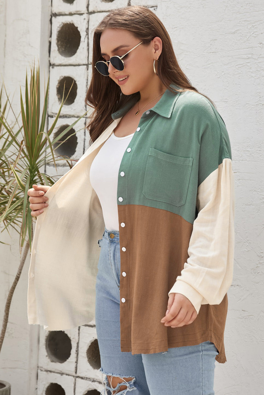 Green Colorblock Raw Edge Plus Size Shirt