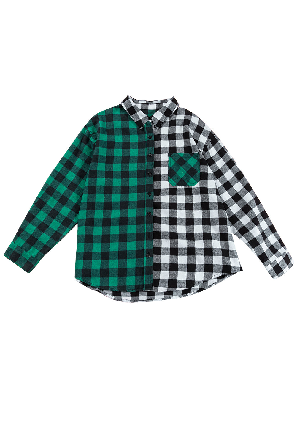 Sea Green Plaid Color Block Buttoned Plus Size Shacket