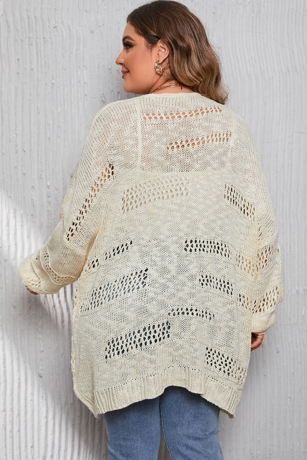 Apricot Plus Size Slouchy Hollowed Knit Open Front Cardigan