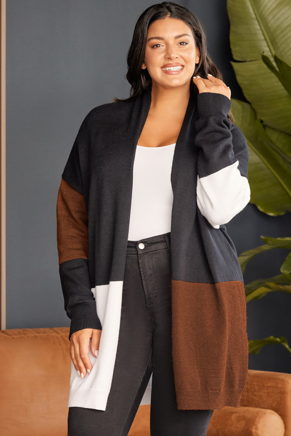 Brown Plus Size Open Front Color Block Cardigan