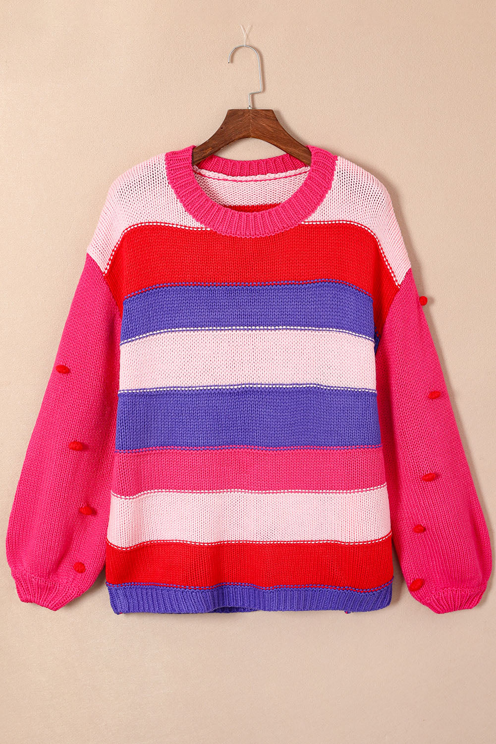 Pink Plus Size Striped Knit Pompom Puff Sleeve Sweater