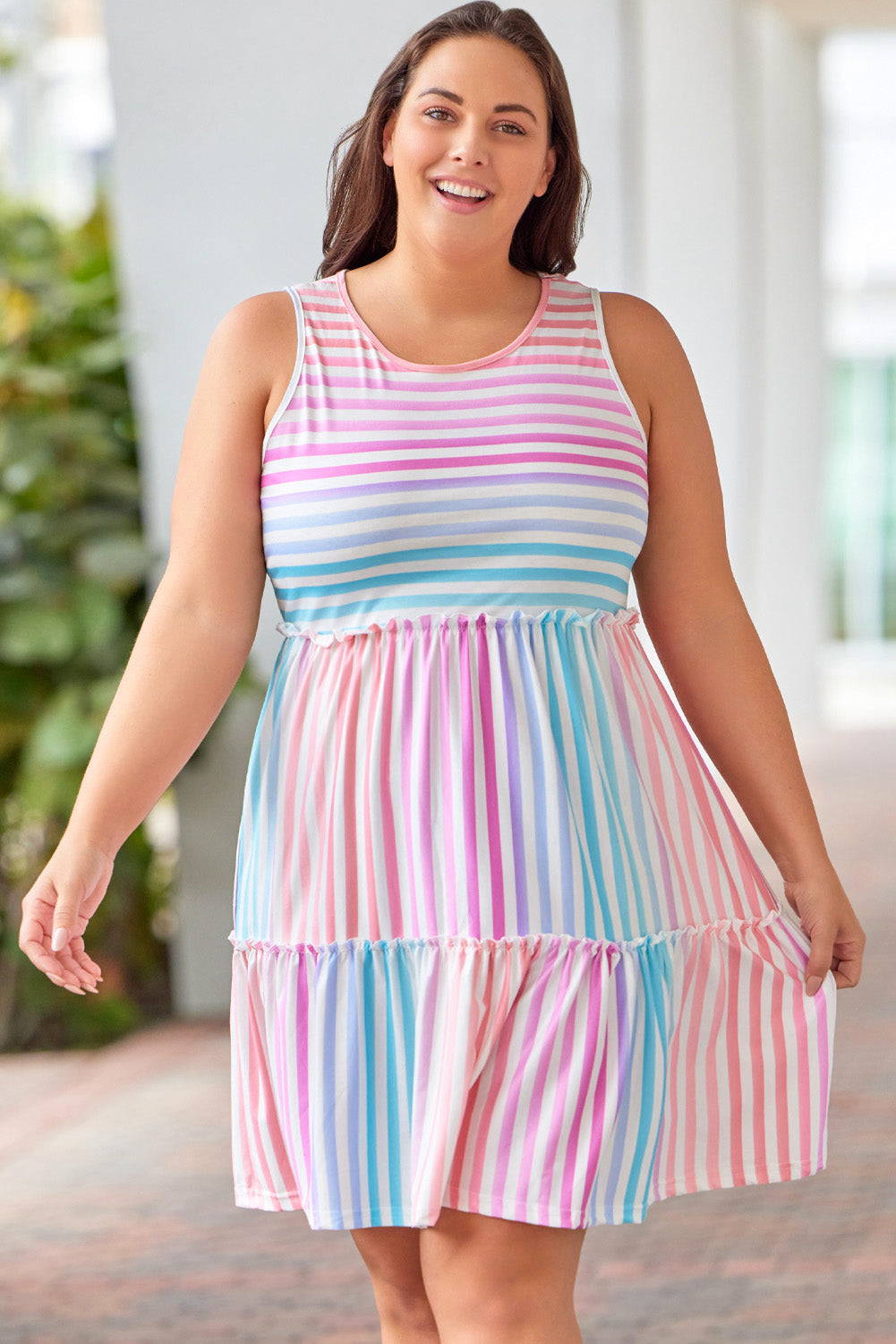 Multicolor Ombre Striped Sleeveless Tiered Plus Size Dress