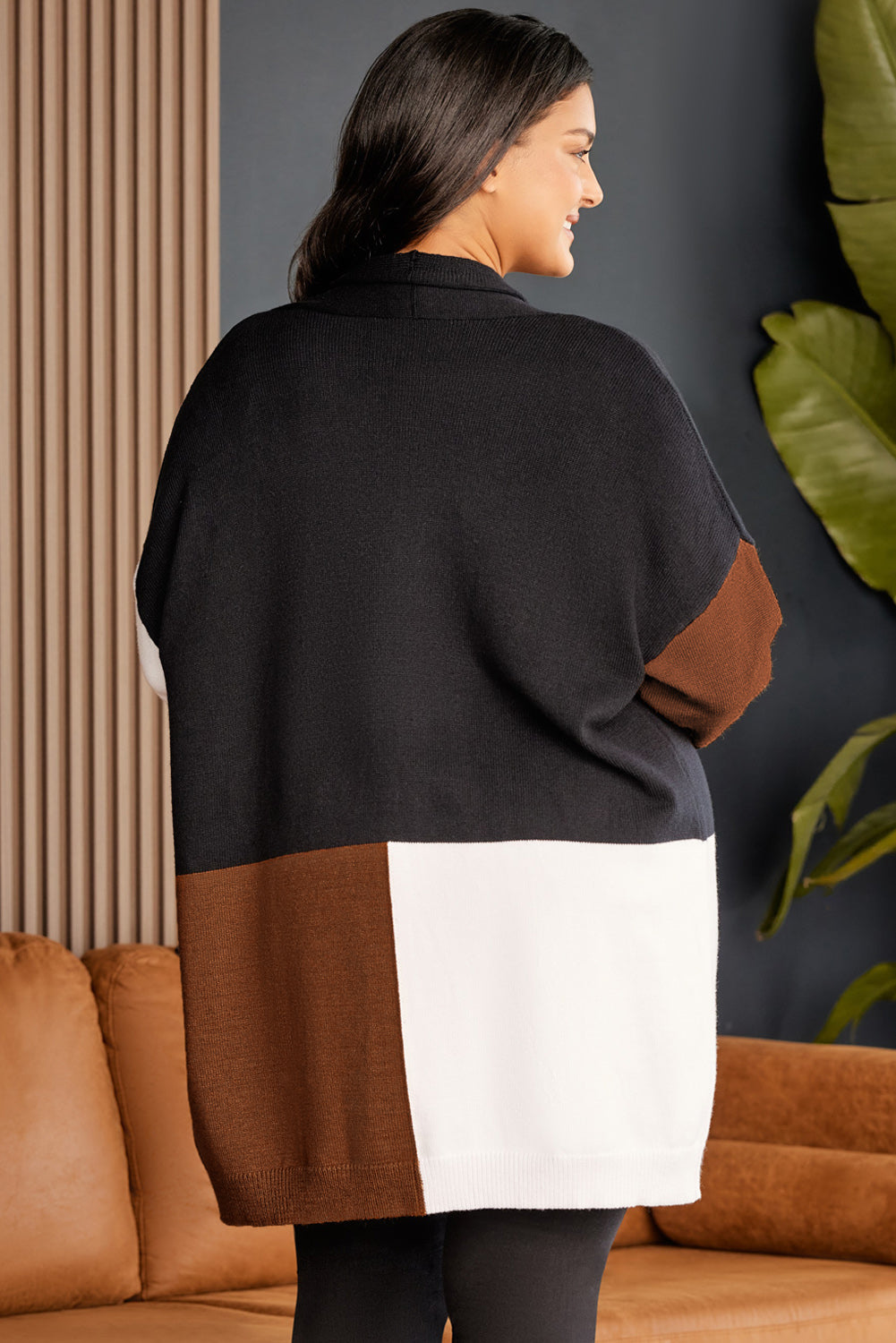 Brown Plus Size Open Front Color Block Cardigan