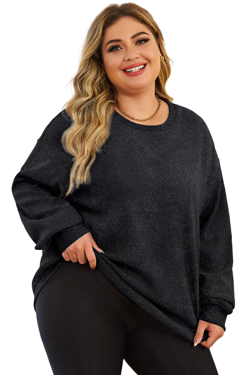 Black Plus Size Corded Round Neck Sweatshirt