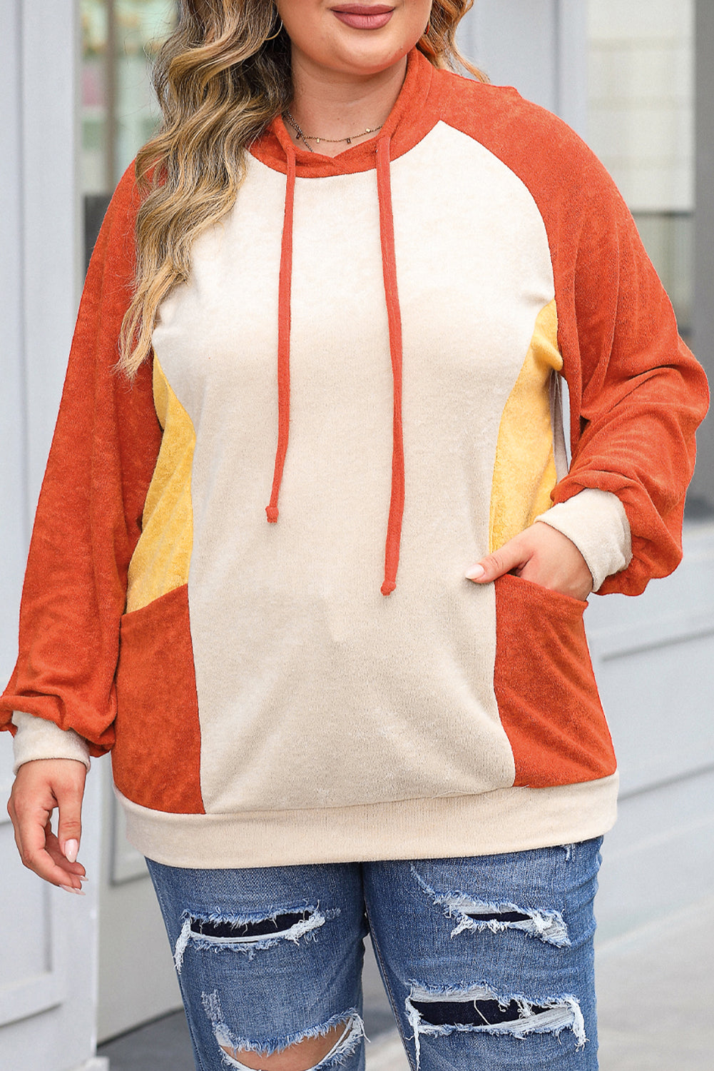 Orange Plus Size Colorblock Raglan Hoodie with Pockets