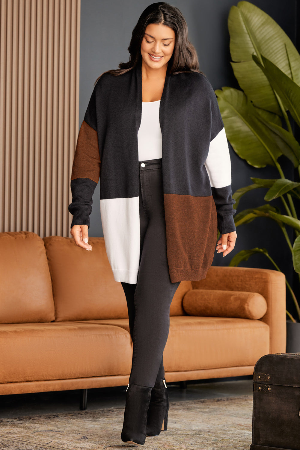 Brown Plus Size Open Front Color Block Cardigan