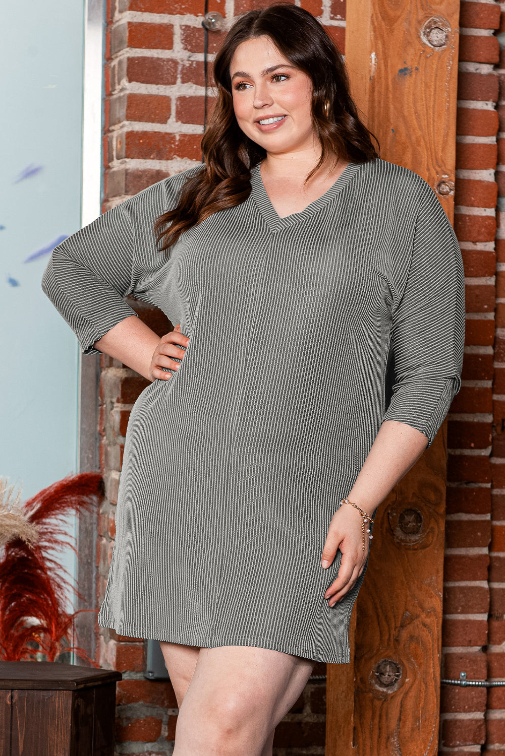 Philippine Gray  Plus Size Corded V Neck Shift Dress