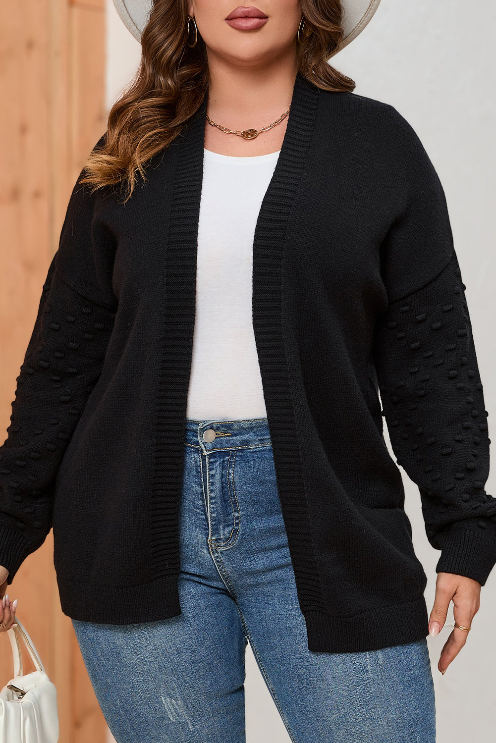 Black Pom Pom Detail Open Front Plus Size Cardigan