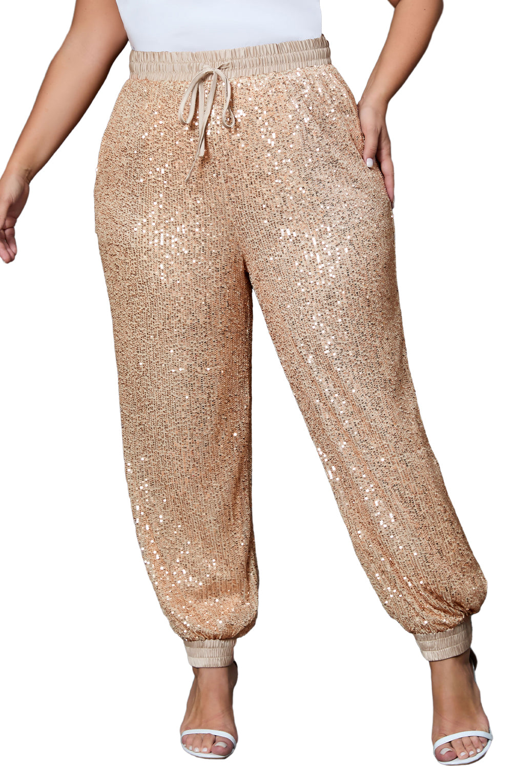 Apricot Plus Size Sequin Drawstring Waist Joggers