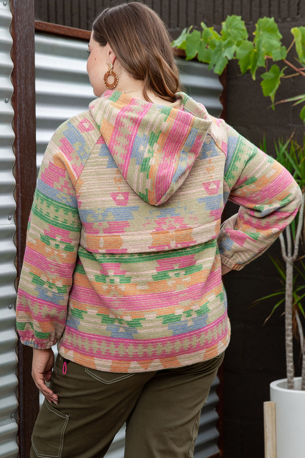 Multicolor Plus Size Western Aztec Geometric Pattern Zip up Hoodie