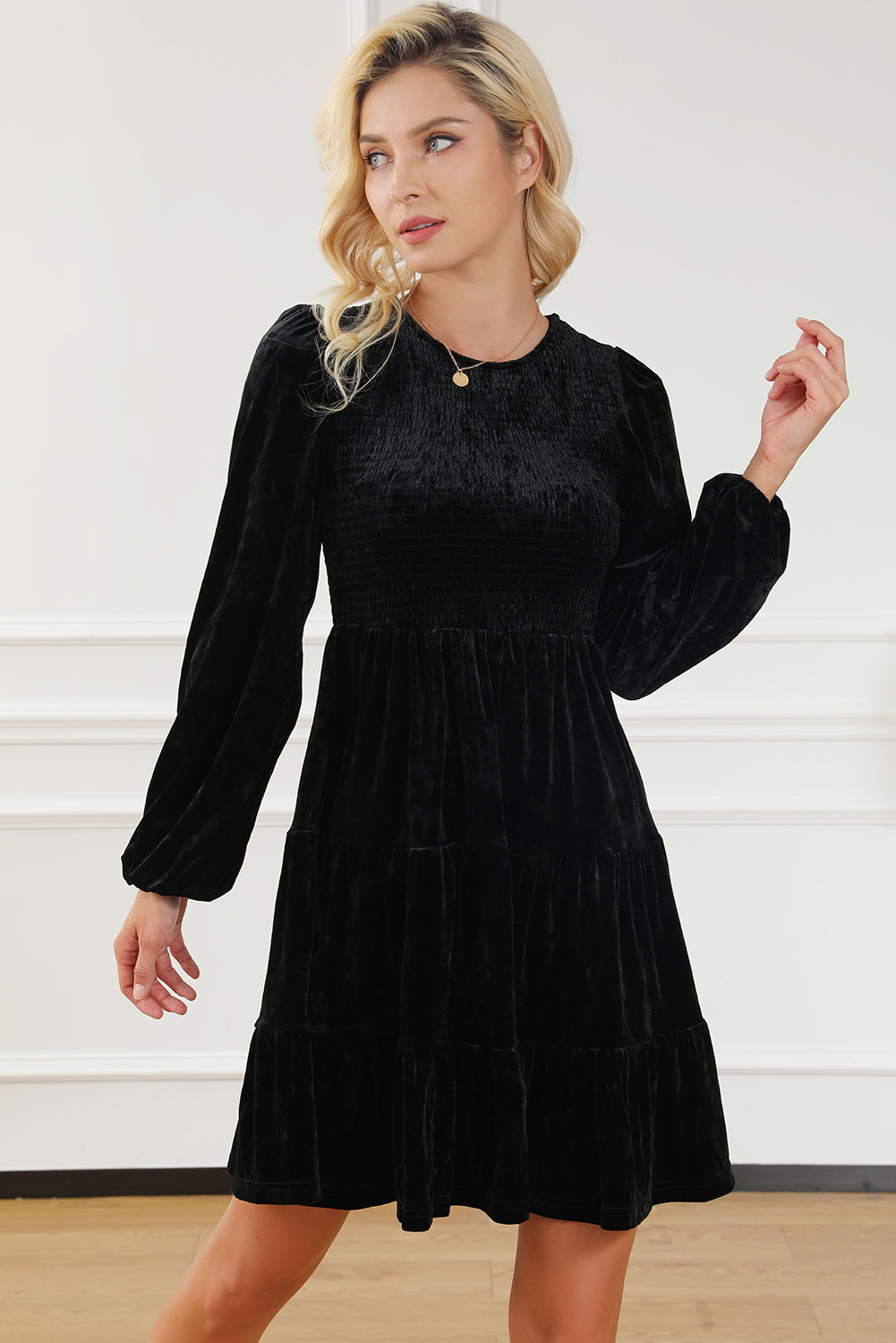 Black Velvet Smocked Puff Sleeve Ruffle Mini Dress