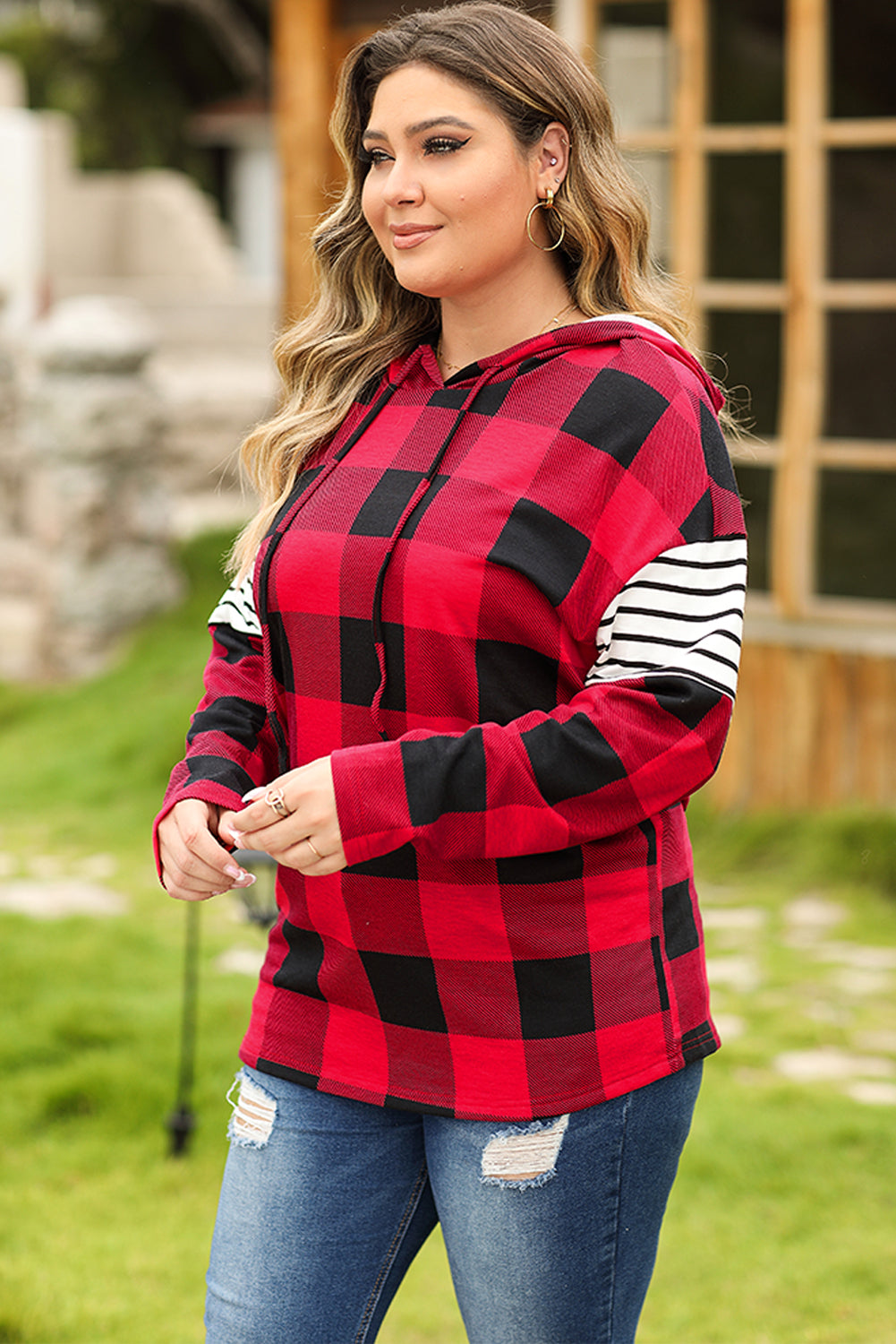 Fiery Red Plus Size Plaid Striped Patch Sleeve Hoodie