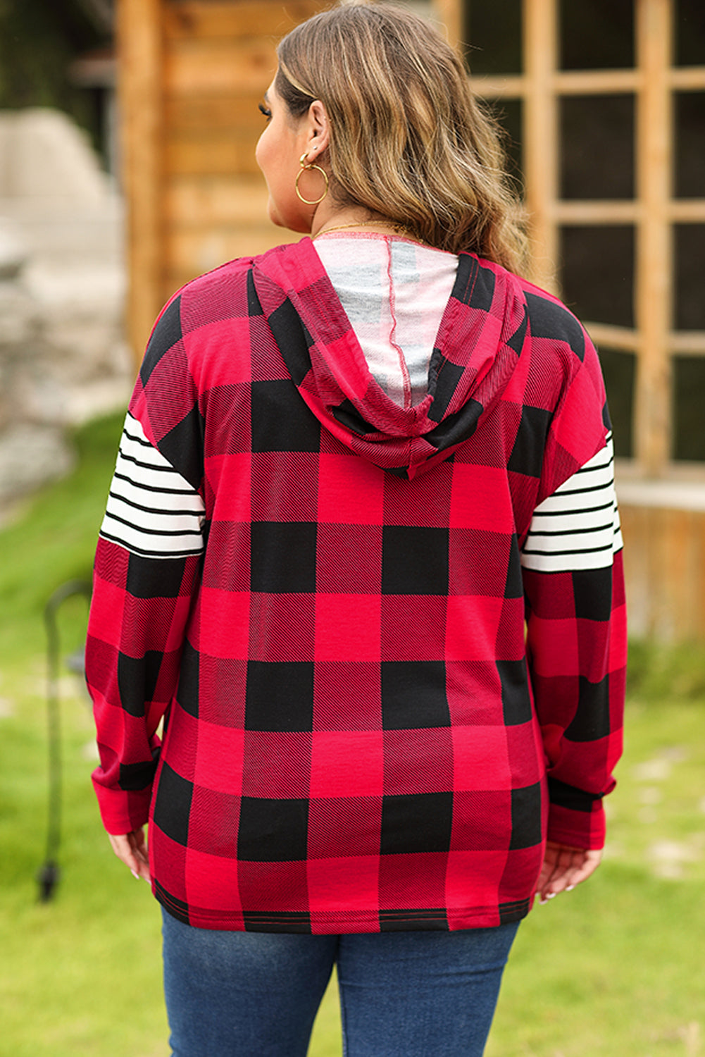 Fiery Red Plus Size Plaid Striped Patch Sleeve Hoodie