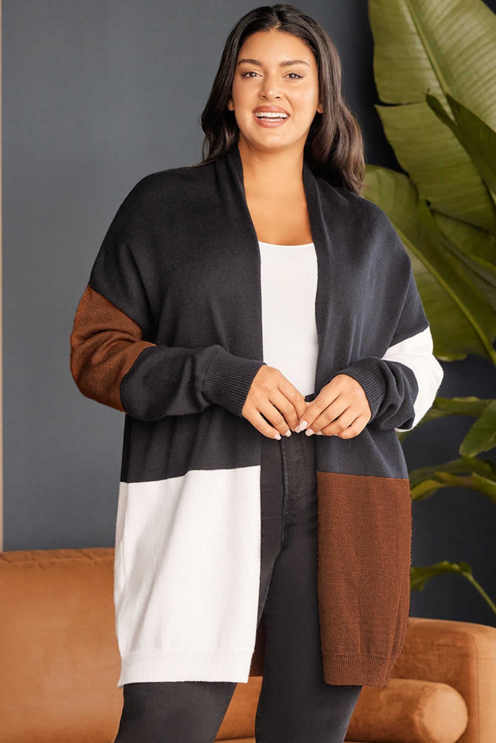 Brown Plus Size Open Front Color Block Cardigan